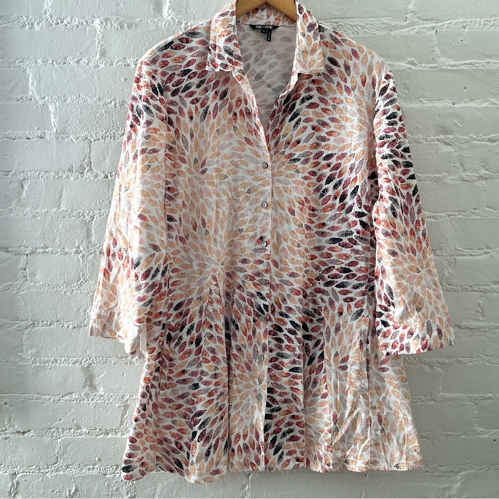NIC+ZOE Multicolor Printed Button Up Tunic Top Stretch Cotton Pockets Lagenlook - Picture 2 of 15